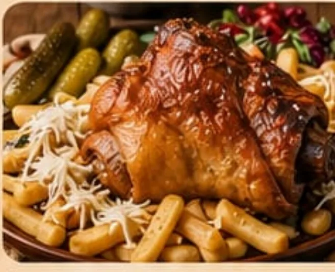 Knusprige Schweinshaxe mit Pommes frites und Käse